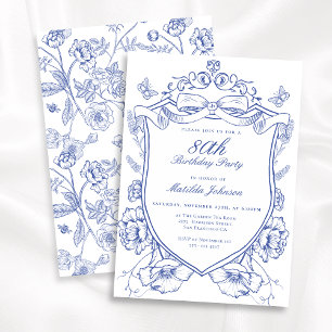 Blue Floral 80th Birthday Party Invitation