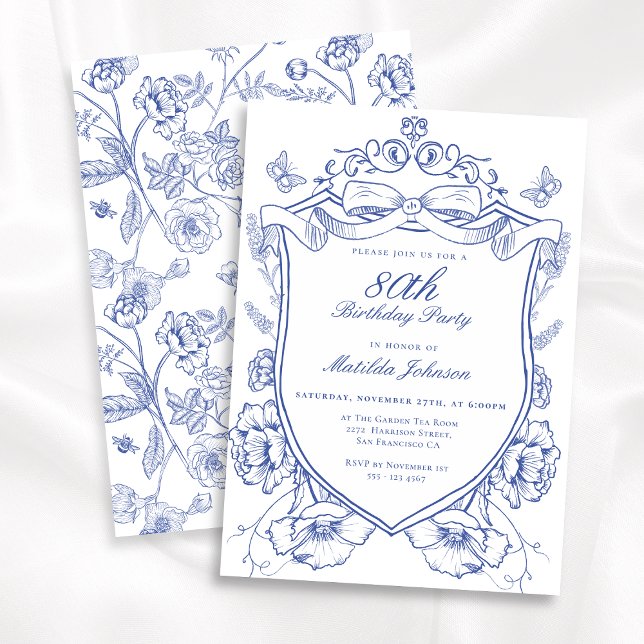Blue Floral 80th Birthday Party Invitation (Blue Floral 80th Birthday Party Invitation)