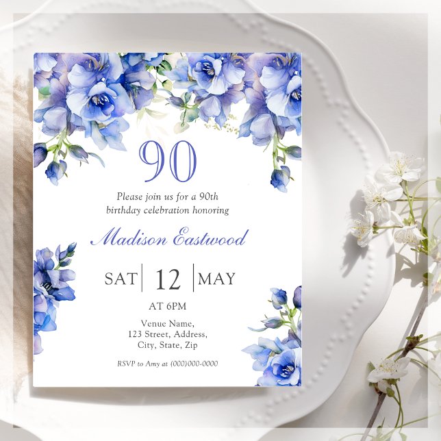  Blue Floral 90th Birthday Budget Invitation (Creator Uploaded)