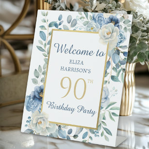 Blue Floral 90th Birthday Party Welcome Pedestal Sign