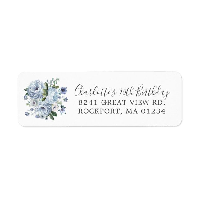 Blue Floral 90th Birthday Return Address (Front)