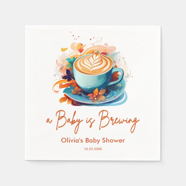 Blue Floral A Baby is Brewing Coffee Baby Shower Napkin (Front)