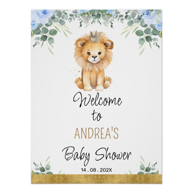 Blue Floral A Little King Lion Baby Shower Welcome Poster (Front)