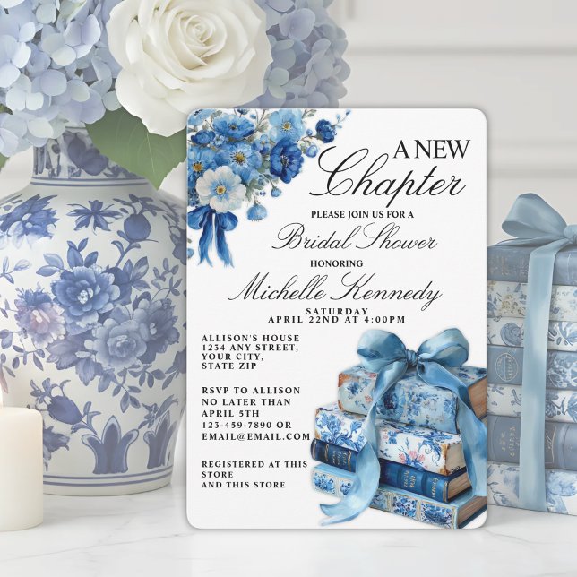 Blue Floral A New Chapter Bridal Shower  Invitation (Creator Uploaded)