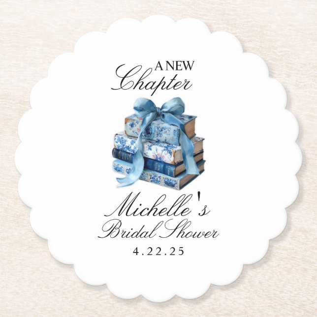 Blue Floral A New Chapter Bridal Shower  Paper Coaster (Front)