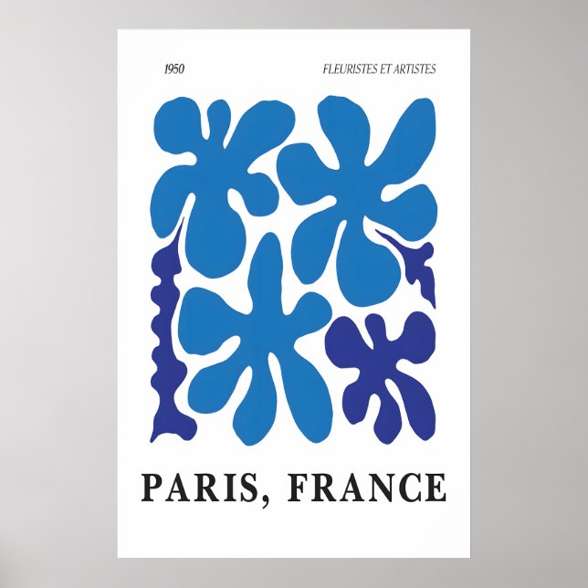 Blue Floral Abstract Art Print 1950s Paris (Front)