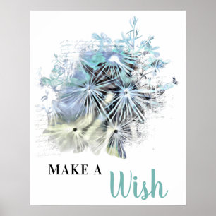 *~* Blue Floral Abstract DANDELION Make A Wish  Poster