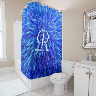 Blue Floral Abstract, White Monogram,  Shower Curtain