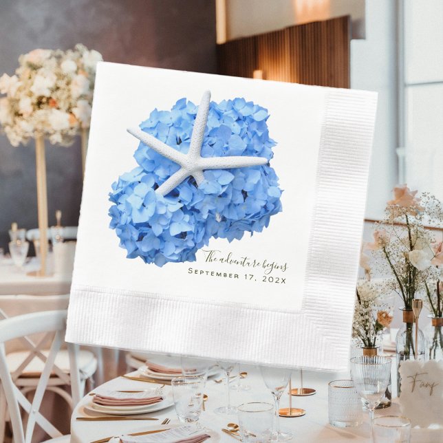 Blue Floral Adventure Begins Wedding Napkins (Creator Uploaded)