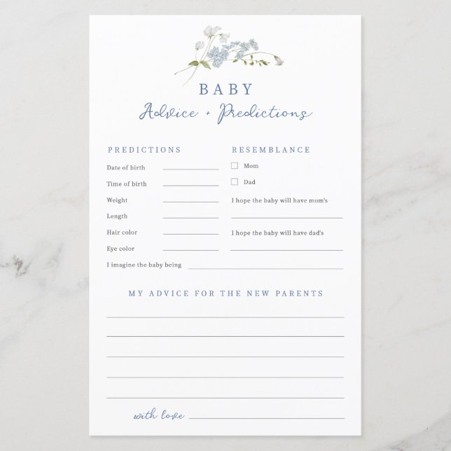 Blue Floral Advice Predictions Baby Shower Game (Front)