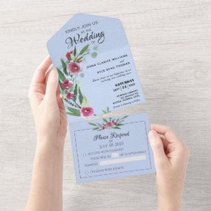 Blue Floral All in One Wedding Invite No ENV Req