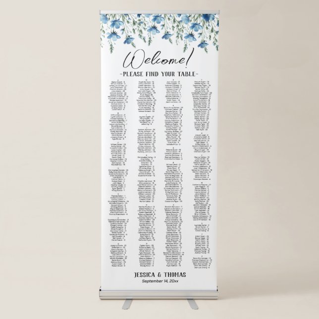 Blue Floral Alphabetical 350 Name Seating Chart Retractable Banner (Front)