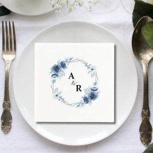 Blue Floral Ampersand Monogram Initials Wedding Napkin