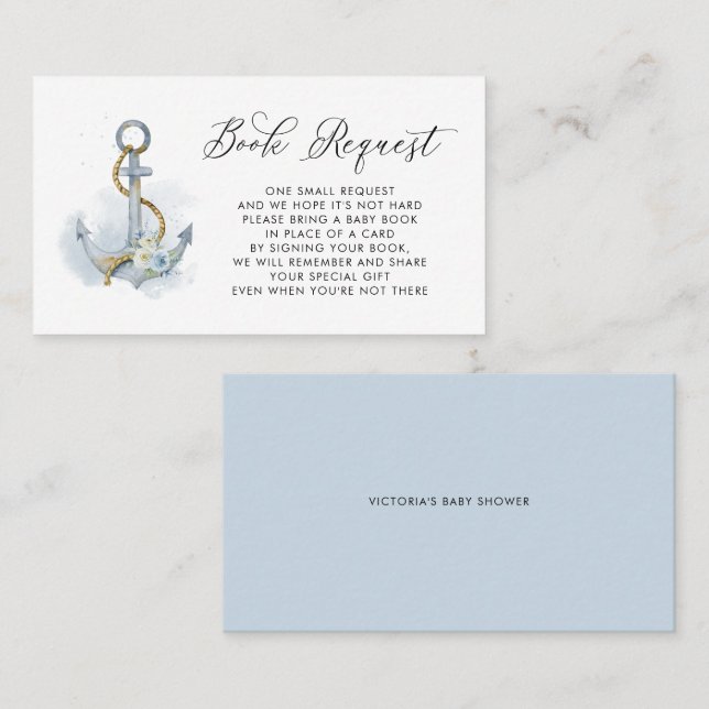 Blue Floral Anchor Nautical Baby Book Request Card (Front/Back)