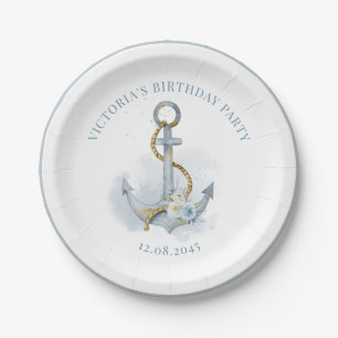 Blue Floral Anchor Nautical Birthday Party Paper Plate