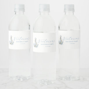 Blue Floral Anchor Nautical Birthday Party Water Bottle Label