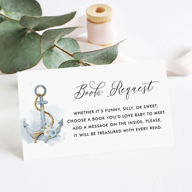 Blue Floral Anchor Nautical Book Request Enclosure Card (Nautical theme book request card featuring watercolor floral anchor with blue and white flowers.)
