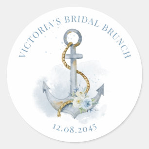 Blue Floral Anchor Nautical Bridal Brunch Classic Round Sticker