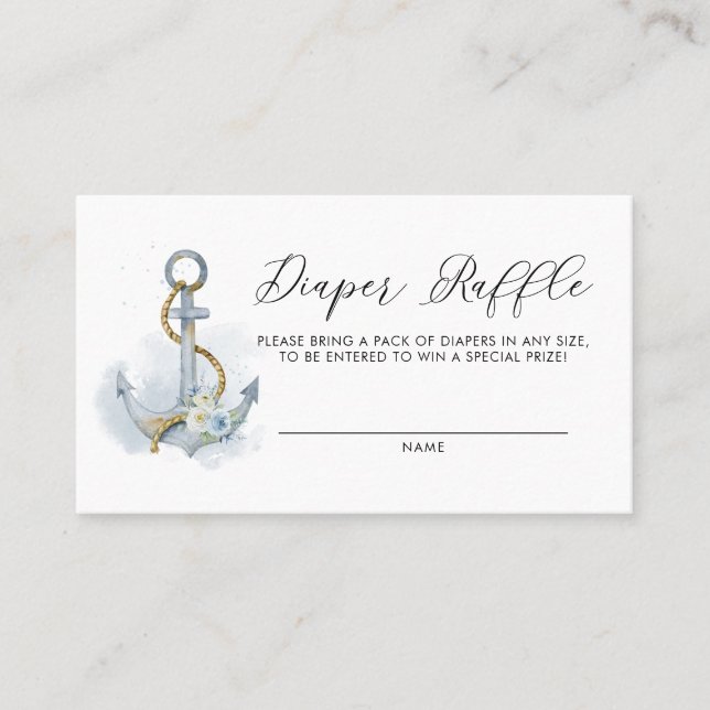 Blue Floral Anchor Nautical Diaper Raffle Card (Front)