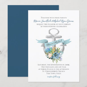 Blue Floral Anchor Nautical Watercolor Wedding Inv Invitation