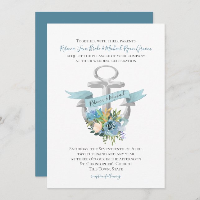 Blue Floral Anchor Nautical Watercolor Wedding Invitation (Front/Back)