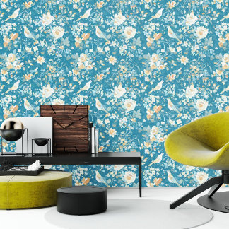 Blue Floral and Birds Pattern Wallpaper