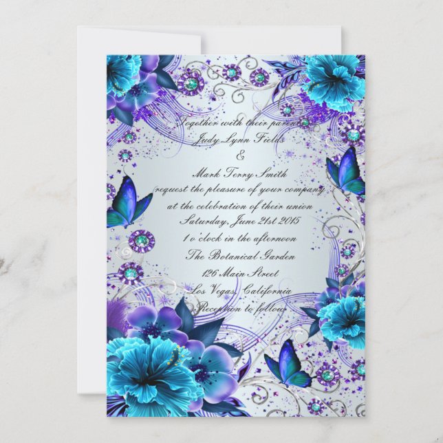 Blue Floral And Butterfly Invitation (Front)