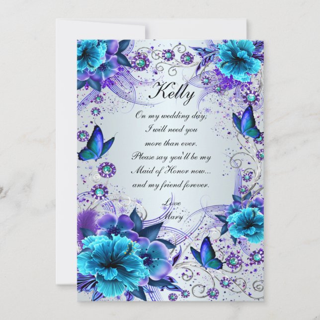 Blue Floral And Butterfly Maid Of Honour Card (Front)