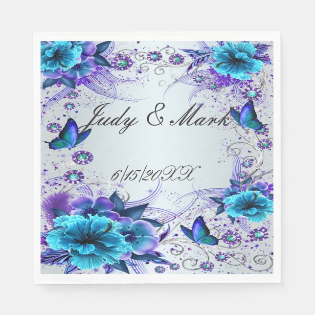 Blue Floral And Butterfly Paper Napkins (Front)