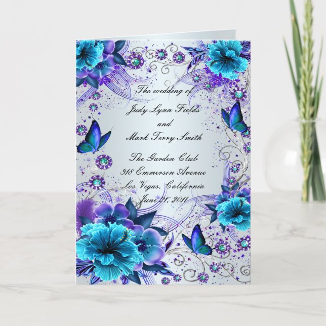 Blue Floral And Butterfly Program Card (Front)