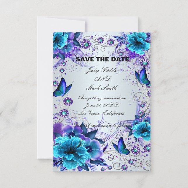 Blue Floral And Butterfly Save The Date Card (Front)