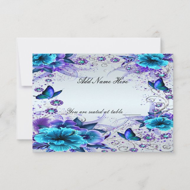 Blue Floral And Butterfly Table Place Card (Front)