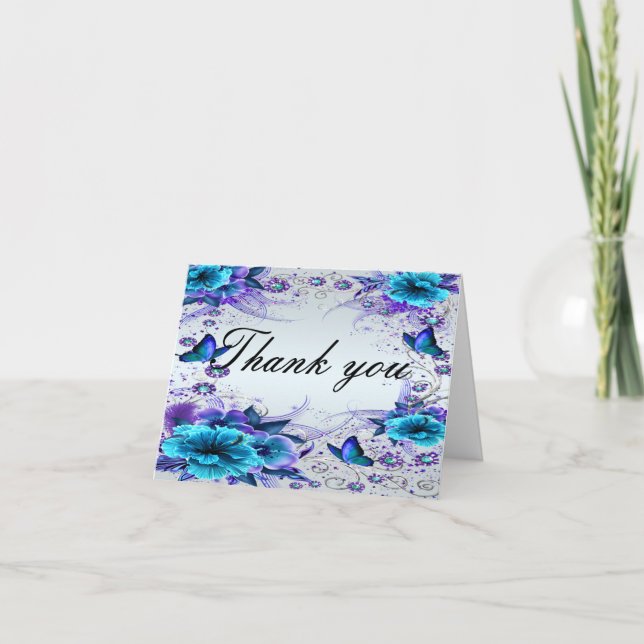 Blue Floral And Butterfly Thank You Card (Front)