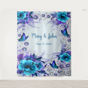 Blue Floral And Butterfly Wedding Backdrop Tapestry
