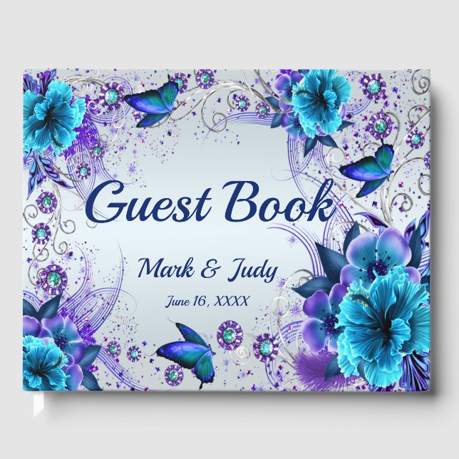Blue Floral And Butterfly Wedding Guestbook (Front)