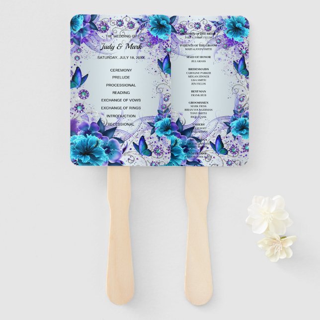 Blue Floral And Butterfly Wedding Program Hand Fan (Front and Back)