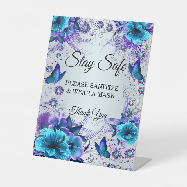 Blue Floral And Butterfly Wedding Safety  Pedestal Sign (Front)