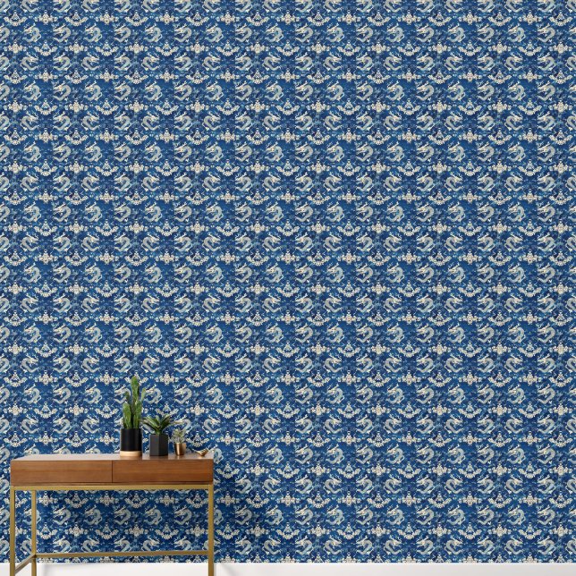 Blue Floral and Chinese Dragons Pattern Wallpaper (Hallway)