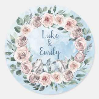 Blue Floral and Crystals Wedding Classic Round Sticker