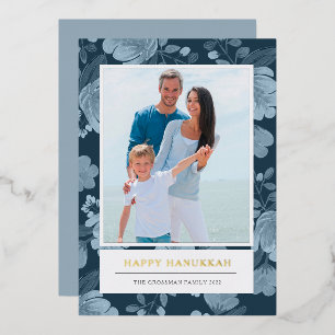 Blue Floral and Gold Hanukkah Photo Foil Holiday Card