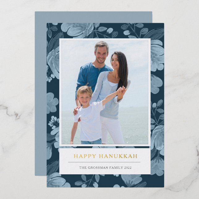 Blue Floral and Gold Hanukkah Photo Foil Holiday Card (Front/Back)