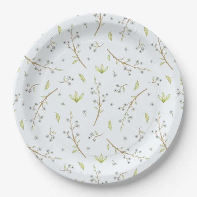 Blue Floral and Greenery boy baby shower  Paper Plate (Front)