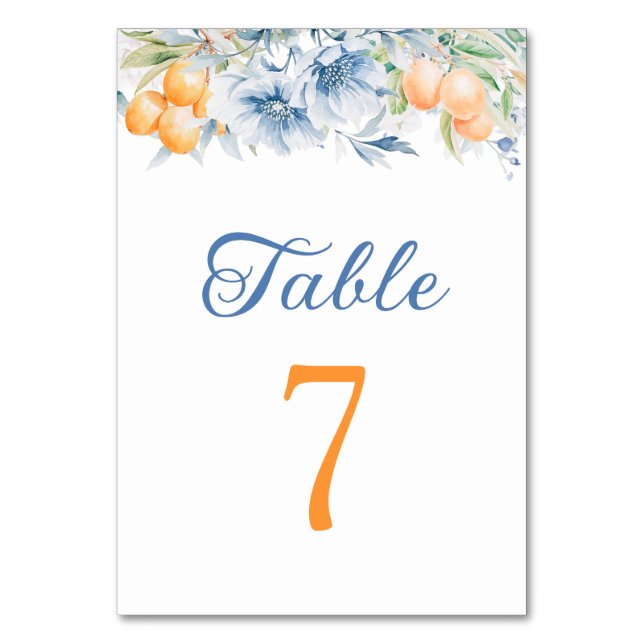 Blue Floral and Lemon Wedding Table Number (Front)