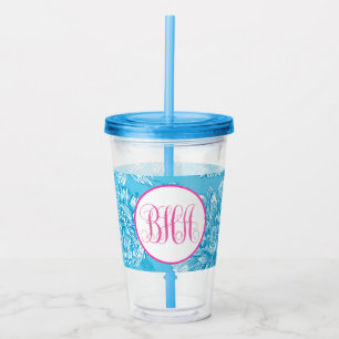 Blue Floral and Monogram Acrylic Tumbler