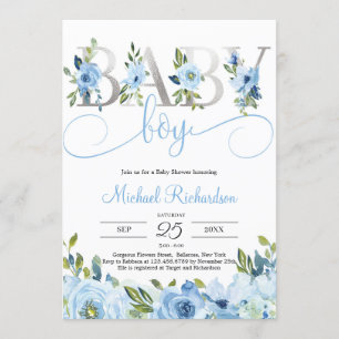 Blue Floral and Silver Foil Boho Invitation