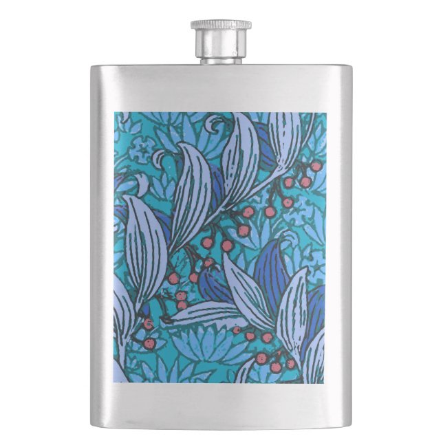 Blue Floral Antique Boho Modern Hip Flask (Front)