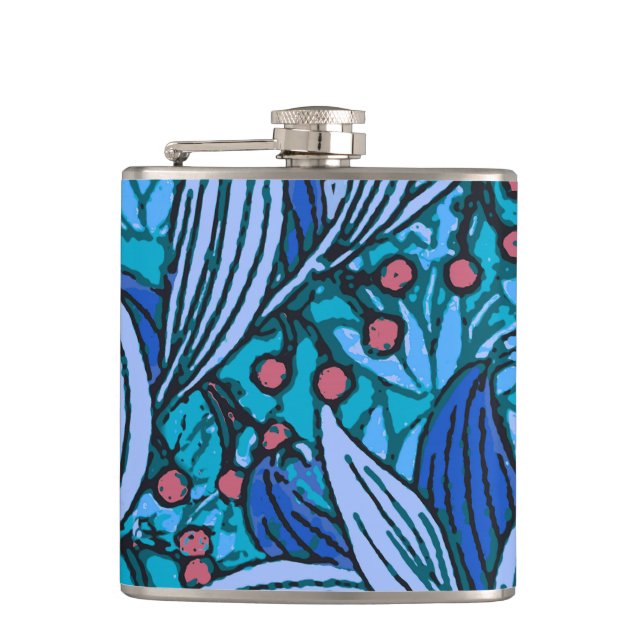 Blue Floral Antique Boho Modern Hip Flask (Front)