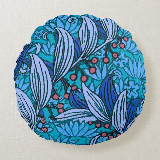 Blue Floral Antique Boho Modern Round Cushion (Front)