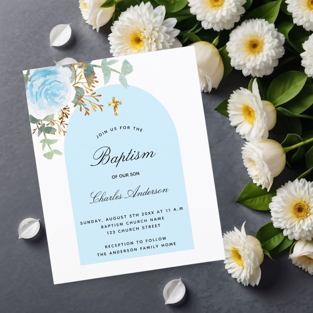 Blue floral arch budget baptism invitation (Creator Uploaded)