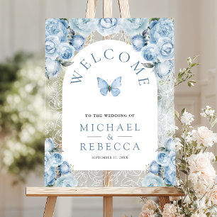Blue Floral Arch Butterfly Wedding Welcome Acrylic Sign
